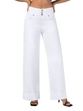 Roswear Women's Stretchy Wide Leg Jeans Cuffed Denim Pants Size 16 & 14